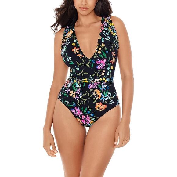 Skinny Dippers Other - Skinny Dippers One Piece Baby Kiss Cinch Ruffle Swimsuit XL Black Floral Swim